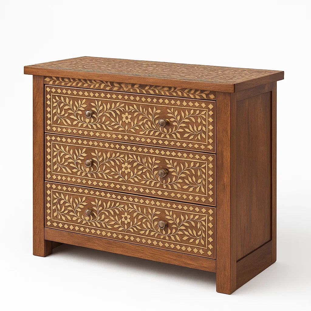 Holzkommode mit floralen Intarsien Braun 3 Schubladen