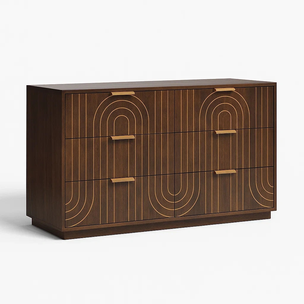 Kommode Holz mit Gravurlinien 6 Schubladen Dunkelbraun 120x40x80 cm