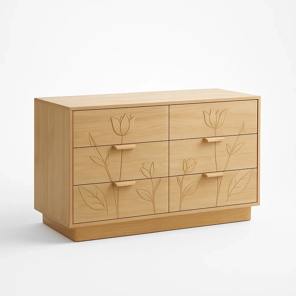 Kommode aus Massivholz mit Tulpenmuster, 6 Schubladen, Natur
