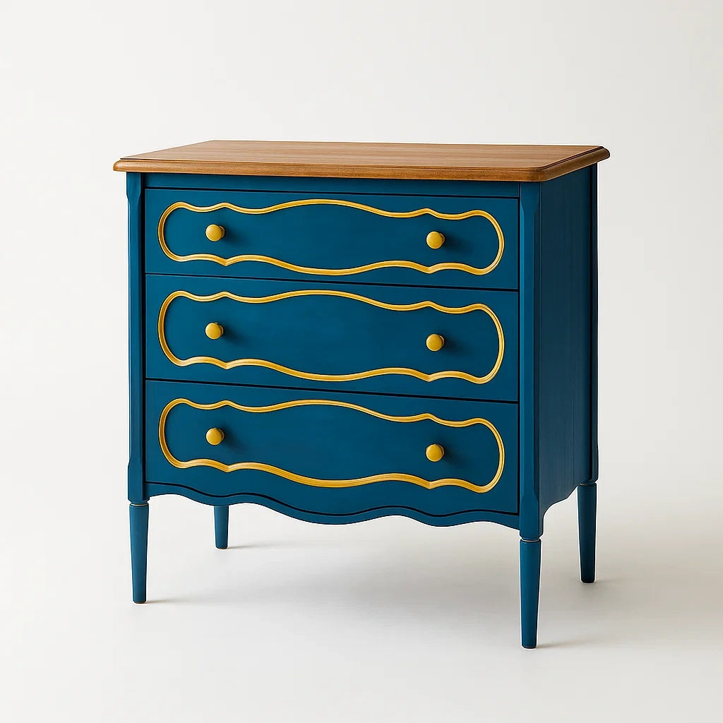 Holzkommode mit 3 Schubladen in Blau und Gelb