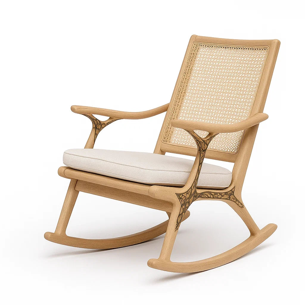 Schaukelstuhl aus Eichenholz mit Rattan-Rückenlehne und Kissen, Beige