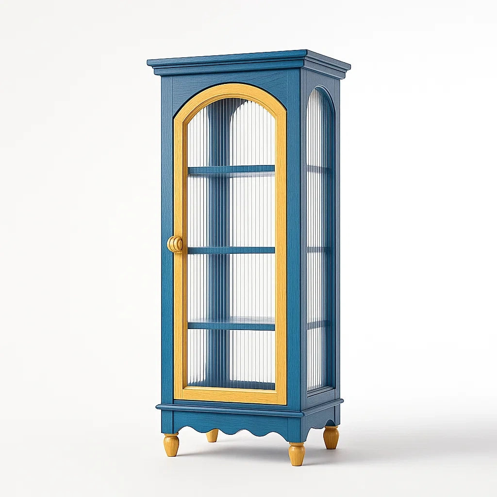 Vitrine aus Massivholz mit Glastür Blau/Gelb