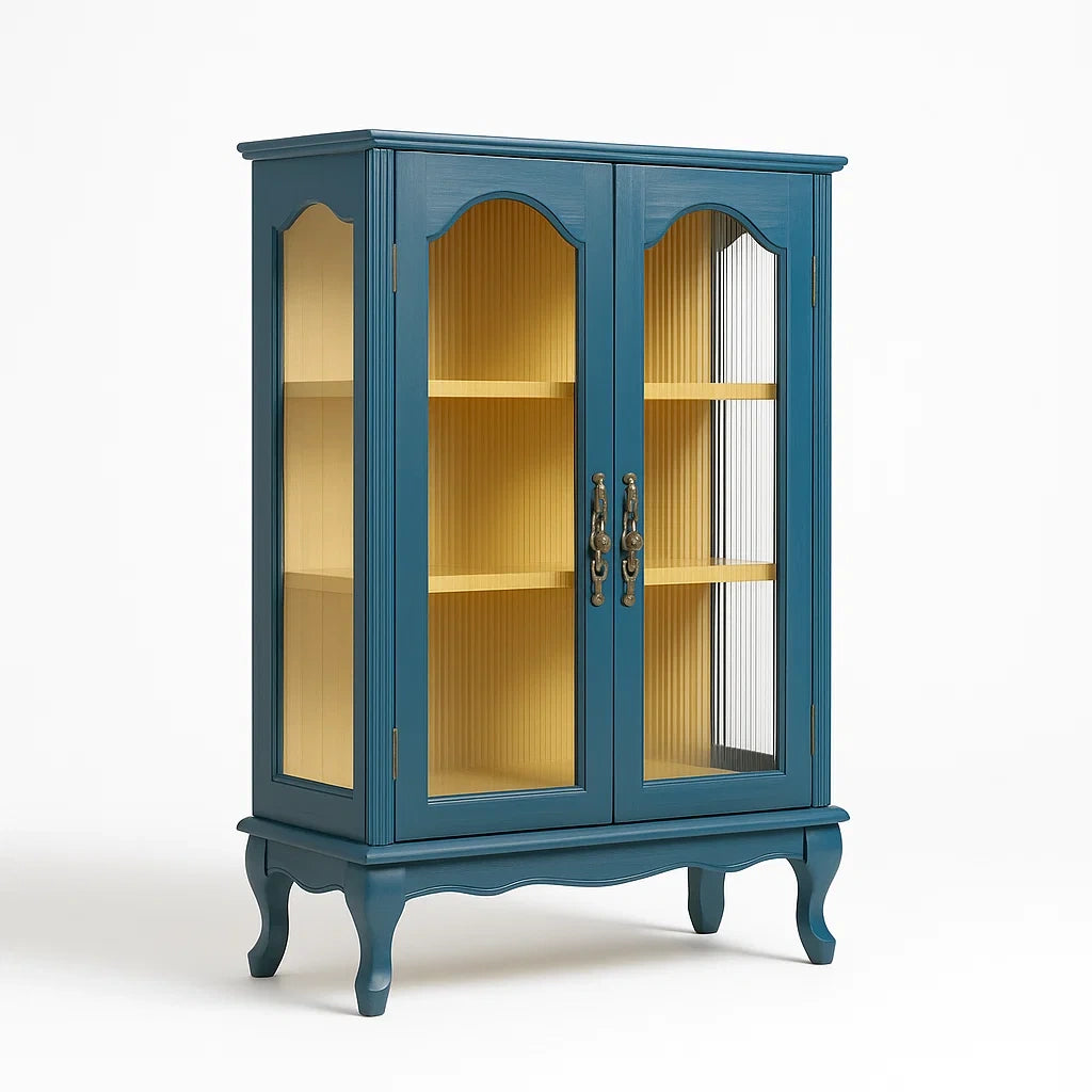Vitrine aus MDF und Kiefernholz mit Glastüren in Blau und Gelb