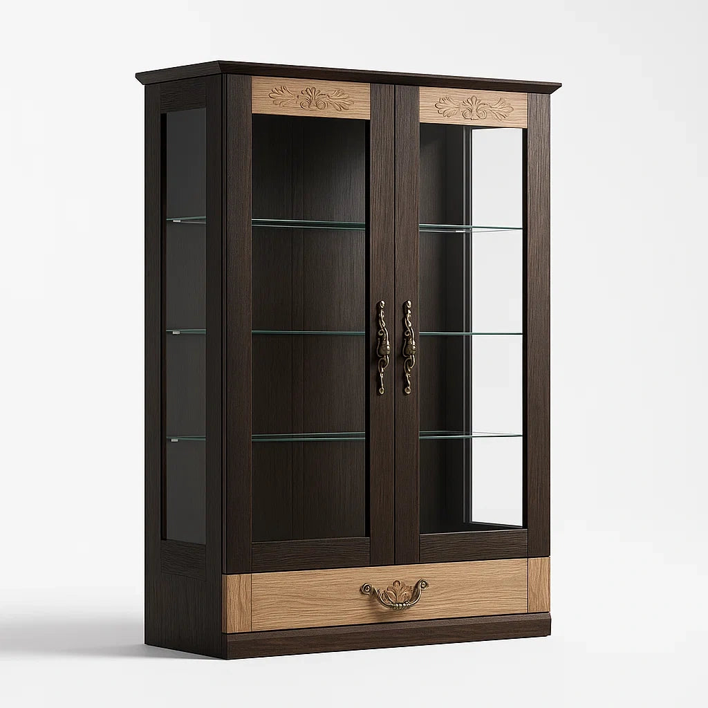 Vitrine Holz Dunkelbraun/Eiche mit Glastüren 180cm