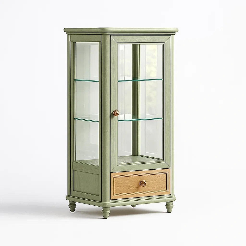 Grüne Holzvitrine mit Sicherheitsglasböden