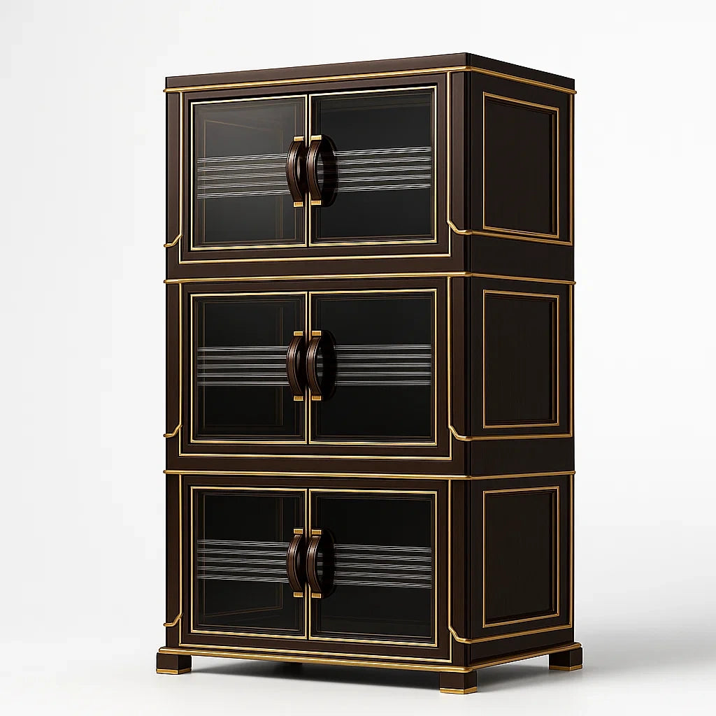 Holz- und Glas-Schrank mit drei Fächern, Dunkelbraun und Gold, 180 cm