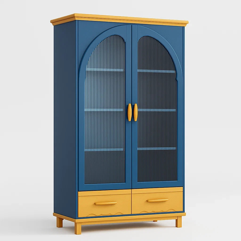 Zweiflügeliger Holzschrank mit geriffeltem Glas Blau/Gelb