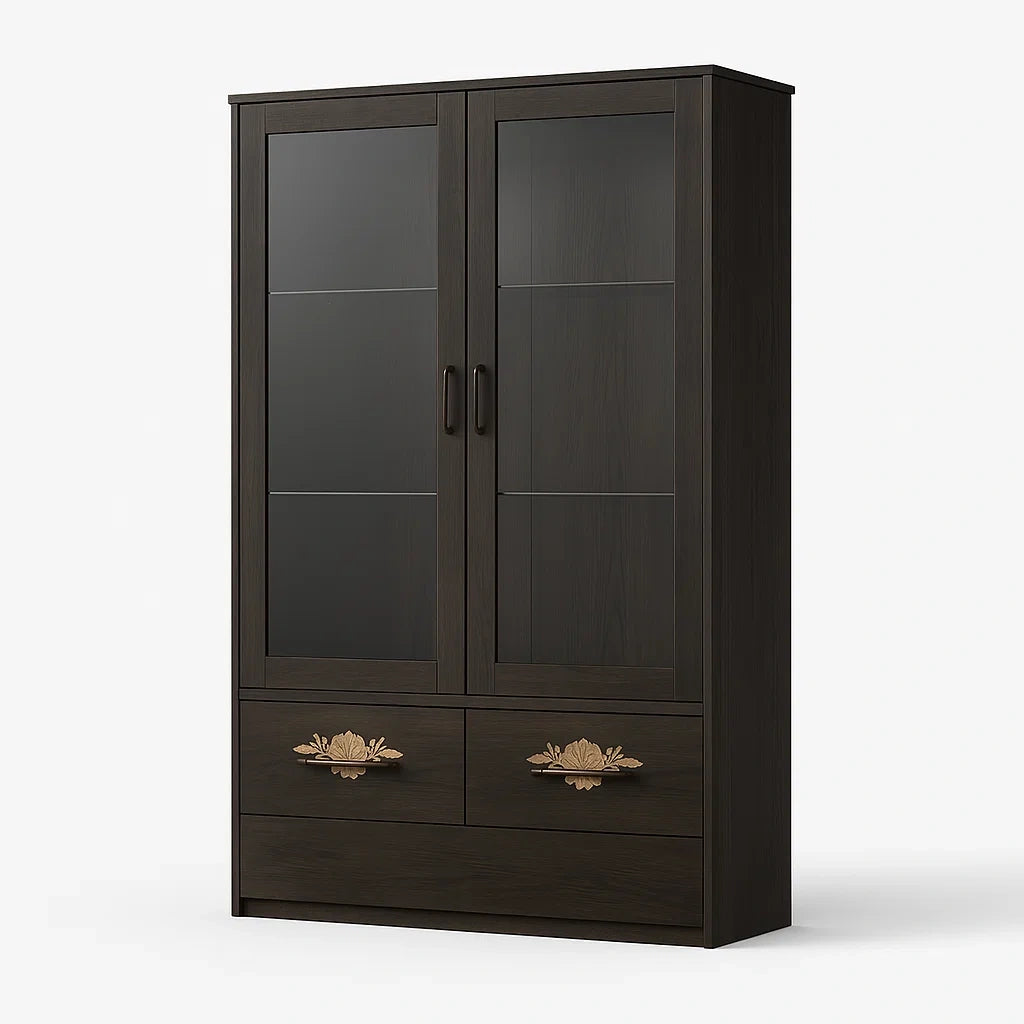 Dunkelbraune Holzvitrine mit Glastüren und Schubladen