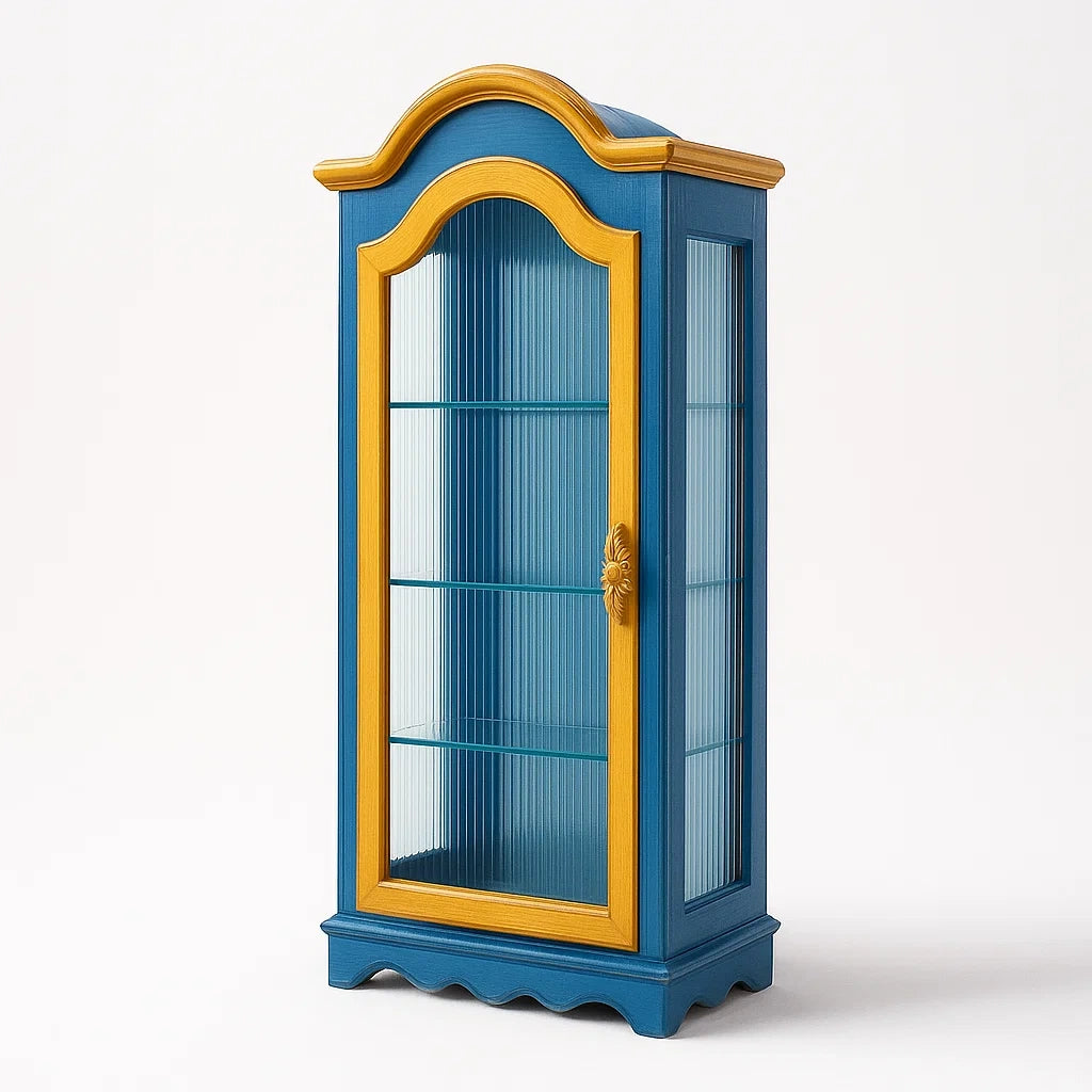 Holzschrank Blau/Gelb mit geripptem Glas